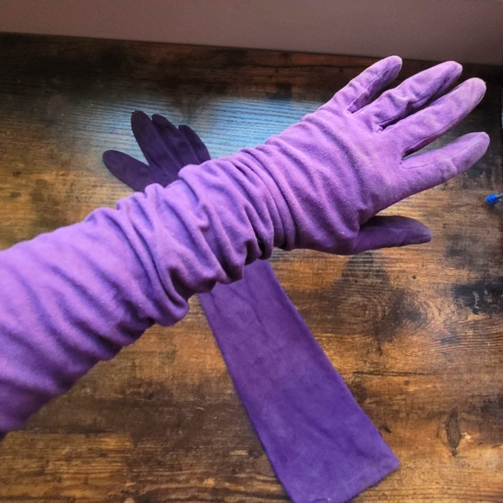 Bergdorf Goodman Purple Suede Elbow-Length Gloves